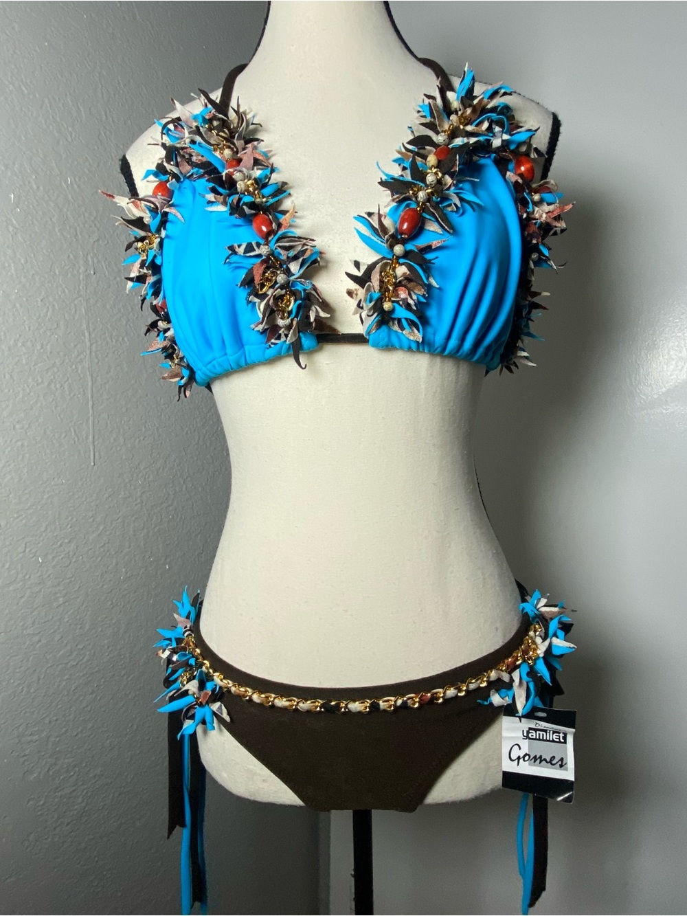 Yamilet Gomes Blue & Brown Fringe Beaded Bikini Set Size Medium